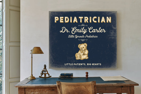 Personalized Pediatrician Sign, Little Patients, Big Hearts, Navy & Brass, image 2