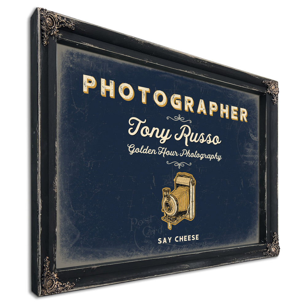 Personalized Photographer Sign, Say Cheese, Navy & Brass, image 1