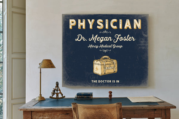 Personalized Physician Sign, The Doctor Is In, Navy & Brass, image 2