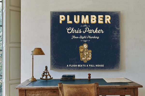 Personalized Plumber Sign, A Flush Beats a Full House, Navy & Brass, image 2