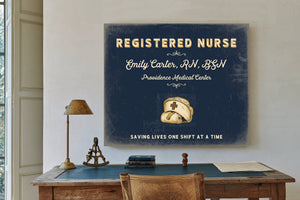 Personalized Registered Nurse Sign, Saving Lives One Shift at a Time, Navy & Brass, image 2