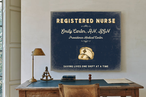 Personalized Registered Nurse Sign, Saving Lives One Shift at a Time, Navy & Brass, image 2