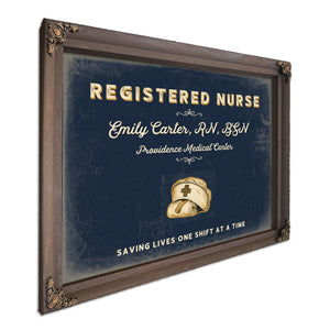 Personalized Registered Nurse Sign, Saving Lives One Shift at a Time, Navy & Brass, image 7