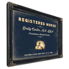 Personalized Registered Nurse Sign, Saving Lives One Shift at a Time, Navy & Brass, image 1