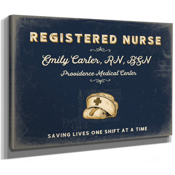 Personalized Registered Nurse Sign, Saving Lives One Shift at a Time, Navy & Brass, image 8