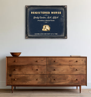 Personalized Registered Nurse Sign, Saving Lives One Shift at a Time, Navy & Brass, image 19