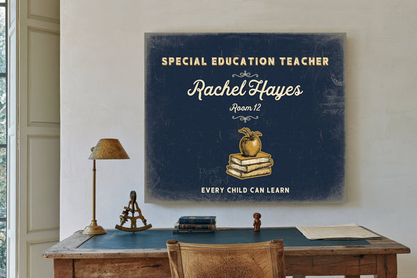 Personalized Special Education Teacher Sign, Every Child Can Learn, Navy & Brass, image 2