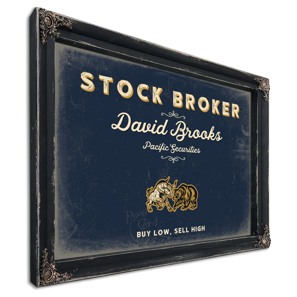 Personalized Stock Broker Sign, Buy Low, Sell High, Navy & Brass, image 1
