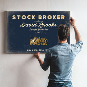 Personalized Stock Broker Sign, Buy Low, Sell High, Navy & Brass, image 9