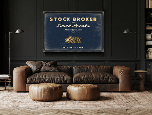 Personalized Stock Broker Sign, Buy Low, Sell High, Navy & Brass, image 17