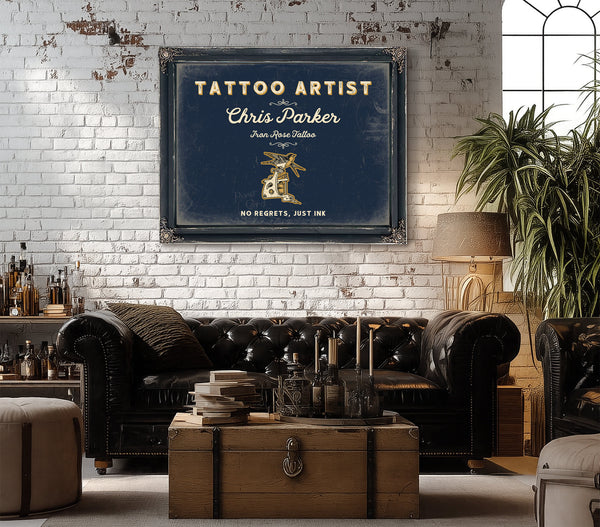 Personalized Tattoo Artist Sign, No Regrets, Just Ink, Navy & Brass, image 18