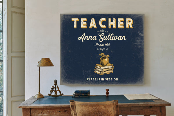 Personalized Teacher Sign, Class Is in Session, Navy & Brass, image 2