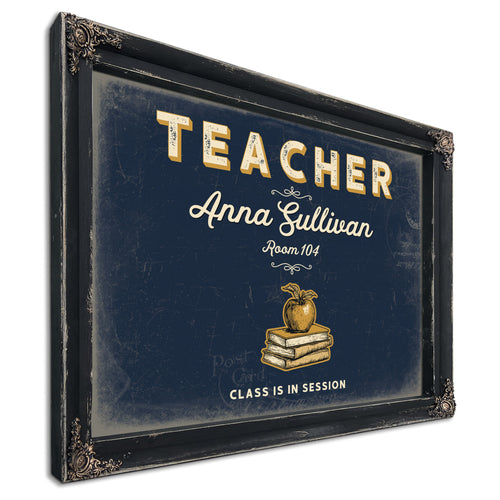 Personalized Teacher Sign, Class Is in Session, Navy & Brass, image 1