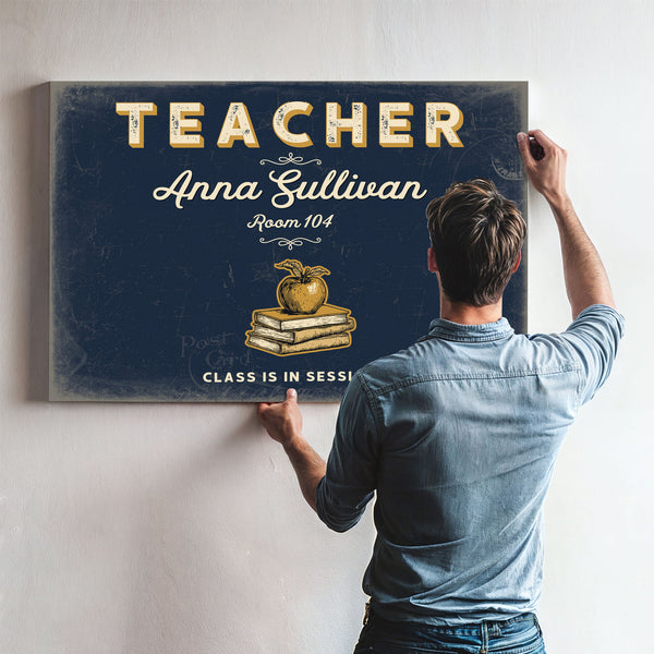 Personalized Teacher Sign, Class Is in Session, Navy & Brass, image 9