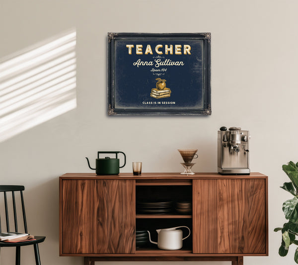 Personalized Teacher Sign, Class Is in Session, Navy & Brass, image 15