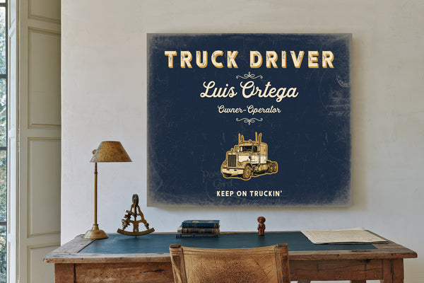 Personalized Truck Driver Sign, Keep On Truckin', Navy & Brass, image 2
