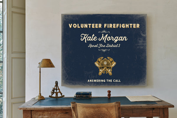 Personalized Volunteer Firefighter Sign, Answering the Call, Navy & Brass, image 2