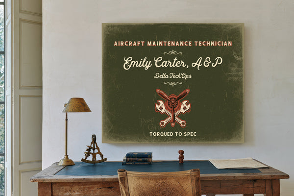 Personalized Aircraft Maintenance Technician Sign, Torqued to Spec, Olive & Brick, image 2