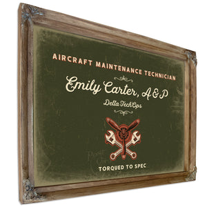 Personalized Aircraft Maintenance Technician Sign, Torqued to Spec, Olive & Brick, image 6