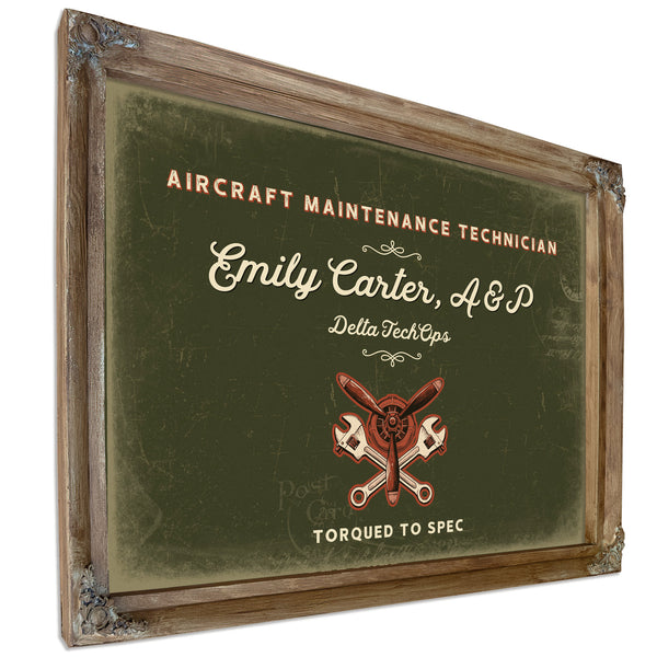 Personalized Aircraft Maintenance Technician Sign, Torqued to Spec, Olive & Brick, image 6