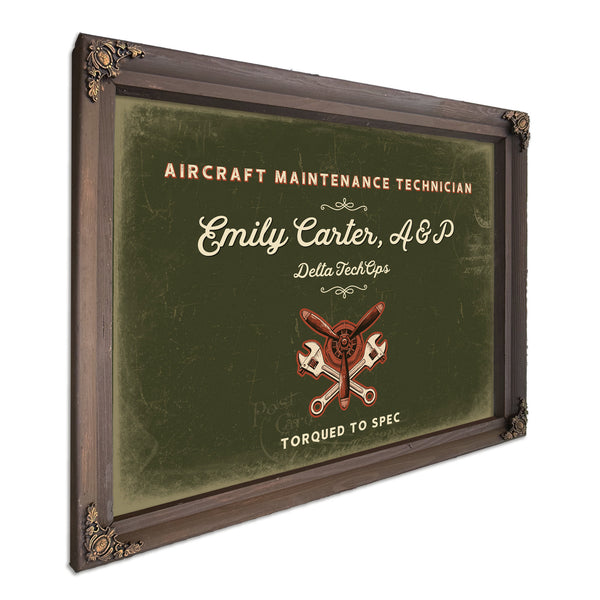 Personalized Aircraft Maintenance Technician Sign, Torqued to Spec, Olive & Brick, image 7