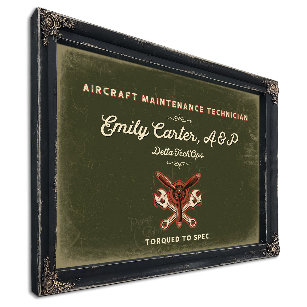 Personalized Aircraft Maintenance Technician Sign, Torqued to Spec, Olive & Brick, image 1