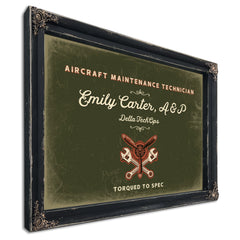 Personalized Aircraft Maintenance Technician Sign, Torqued to Spec, Olive & Brick, image 1