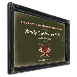 Personalized Aircraft Maintenance Technician Sign, Torqued to Spec, Olive & Brick, image 1