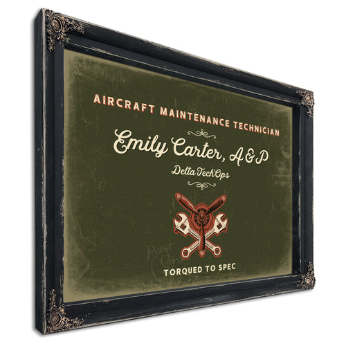 Personalized Aircraft Maintenance Technician Sign, Torqued to Spec, Olive & Brick, image 1