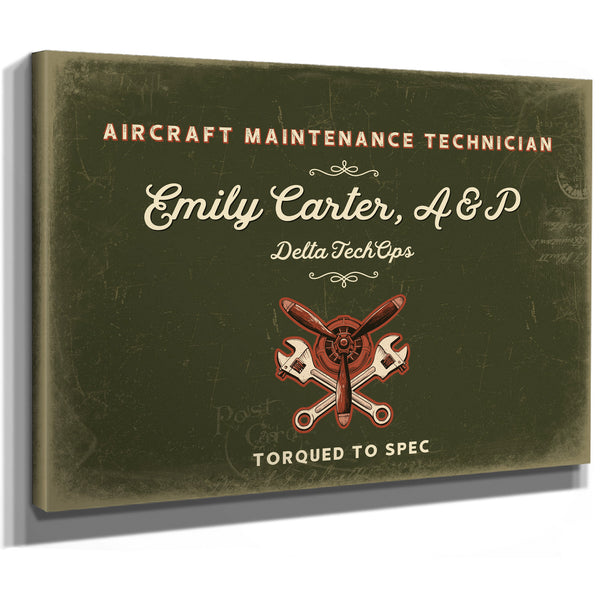Personalized Aircraft Maintenance Technician Sign, Torqued to Spec, Olive & Brick, image 8