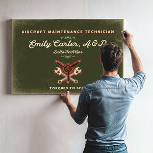 Personalized Aircraft Maintenance Technician Sign, Torqued to Spec, Olive & Brick, image 9