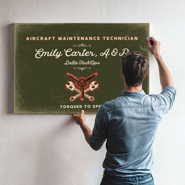 Personalized Aircraft Maintenance Technician Sign, Torqued to Spec, Olive & Brick, image 9