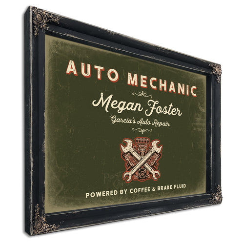 Personalized Auto Mechanic Sign, Powered by Coffee & Brake Fluid, Olive & Brick, image 1