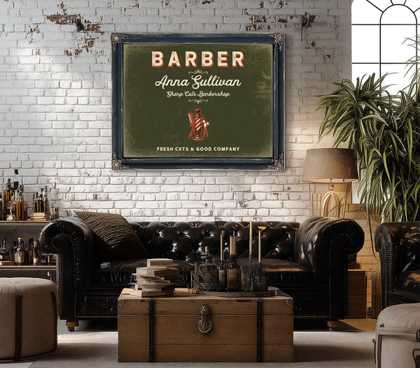 Personalized Barber Sign, Fresh Cuts & Good Company, Olive & Brick, image 18