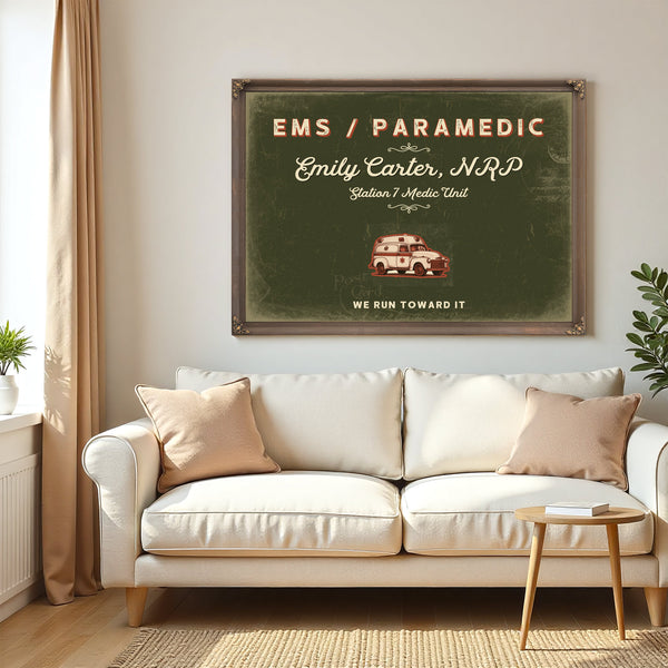 Personalized Paramedic Sign, We Run Toward It, Olive & Brick, image 5