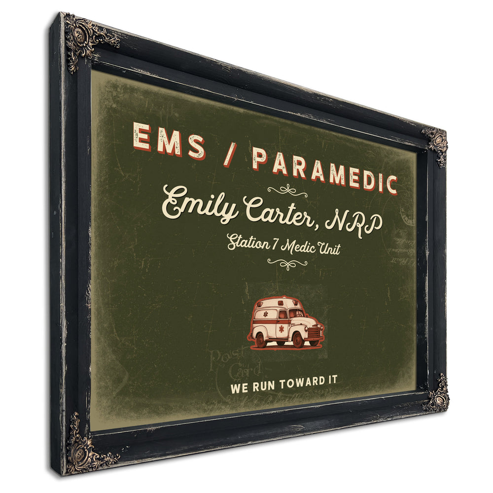 Personalized Paramedic Sign, We Run Toward It, Olive & Brick, image 1