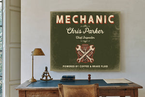Personalized Mechanic Sign, Powered by Coffee & Brake Fluid, Olive & Brick, image 2