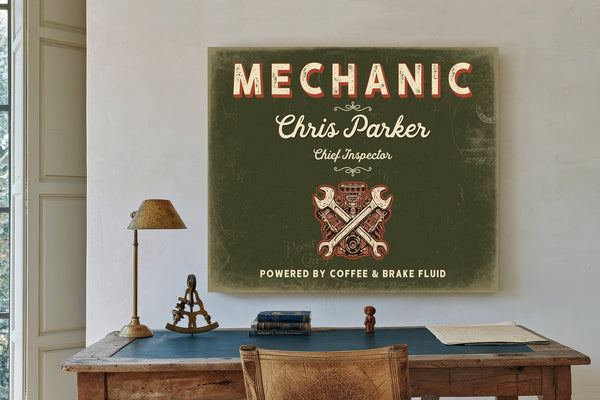 Personalized Mechanic Sign, Powered by Coffee & Brake Fluid, Olive & Brick, image 2