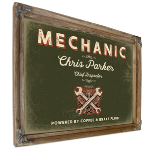 Personalized Mechanic Sign, Powered by Coffee & Brake Fluid, Olive & Brick, image 6
