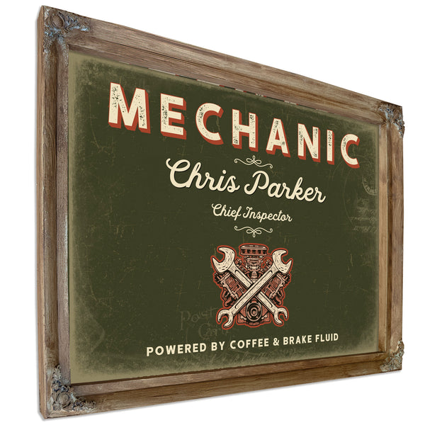 Personalized Mechanic Sign, Powered by Coffee & Brake Fluid, Olive & Brick, image 6