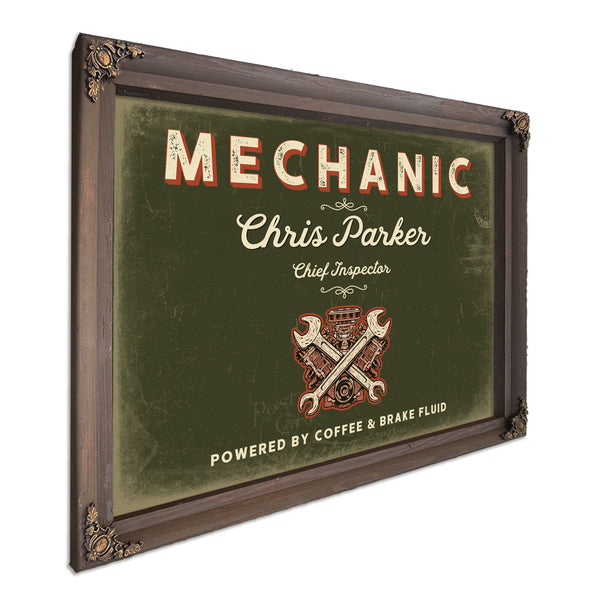 Personalized Mechanic Sign, Powered by Coffee & Brake Fluid, Olive & Brick, image 7