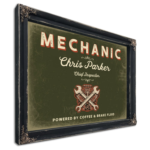 Personalized Mechanic Sign, Powered by Coffee & Brake Fluid, Olive & Brick, image 1