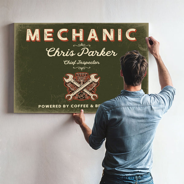 Personalized Mechanic Sign, Powered by Coffee & Brake Fluid, Olive & Brick, image 9