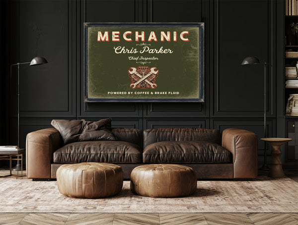 Personalized Mechanic Sign, Powered by Coffee & Brake Fluid, Olive & Brick, image 17