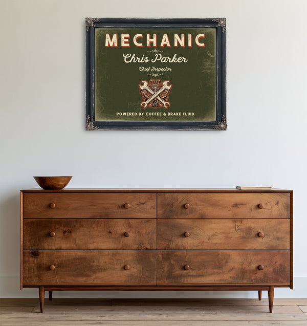 Personalized Mechanic Sign, Powered by Coffee & Brake Fluid, Olive & Brick, image 19