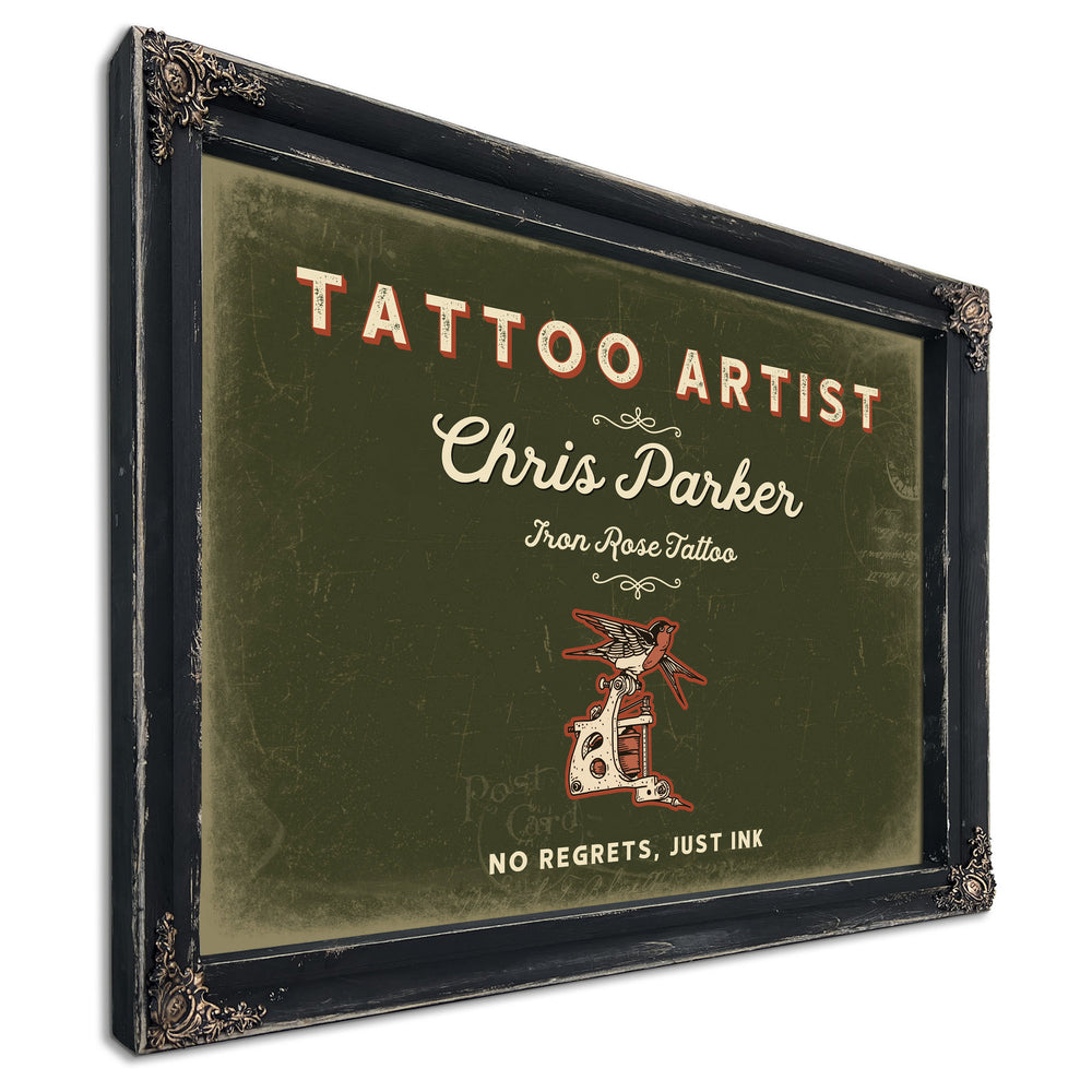 Personalized Tattoo Artist Sign, No Regrets, Just Ink, Olive & Brick, image 1