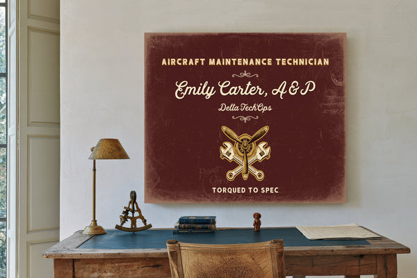 Personalized Aircraft Maintenance Technician Sign, Torqued to Spec, Oxblood & Gold, image 2