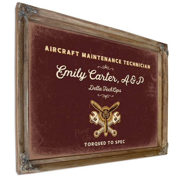 Personalized Aircraft Maintenance Technician Sign, Torqued to Spec, Oxblood & Gold, image 6
