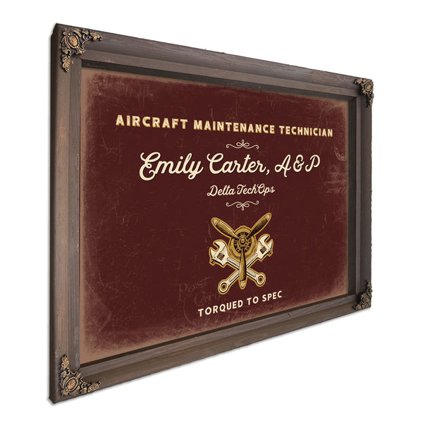 Personalized Aircraft Maintenance Technician Sign, Torqued to Spec, Oxblood & Gold, image 7