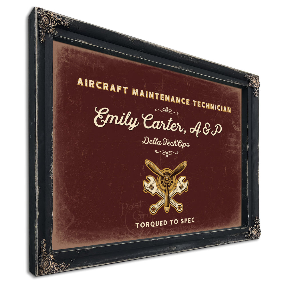 Personalized Aircraft Maintenance Technician Sign, Torqued to Spec, Oxblood & Gold, image 1